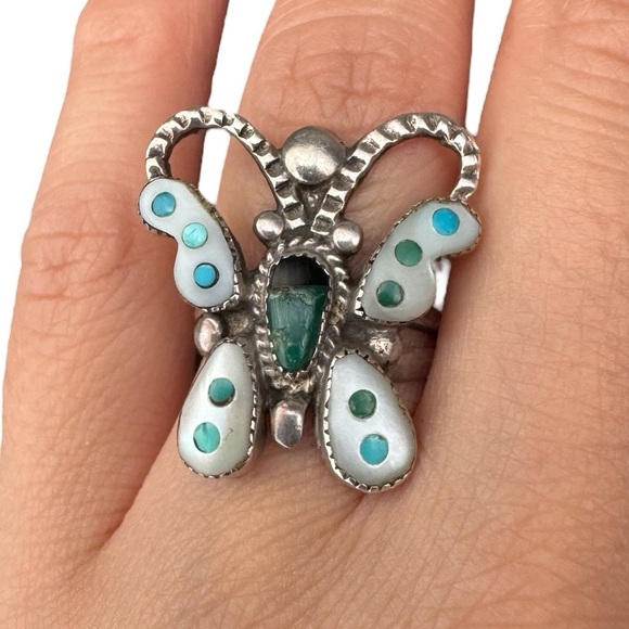 Native American Sterling Silver Butterfly Ring Size 7 Turquoise Mother of Pearl - Picture 3 of 8